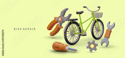 Bicycle repair station near you. Fast professional service. Departure of master to customers home. Advertising banner with illustration and place for announcement, offer, contacts