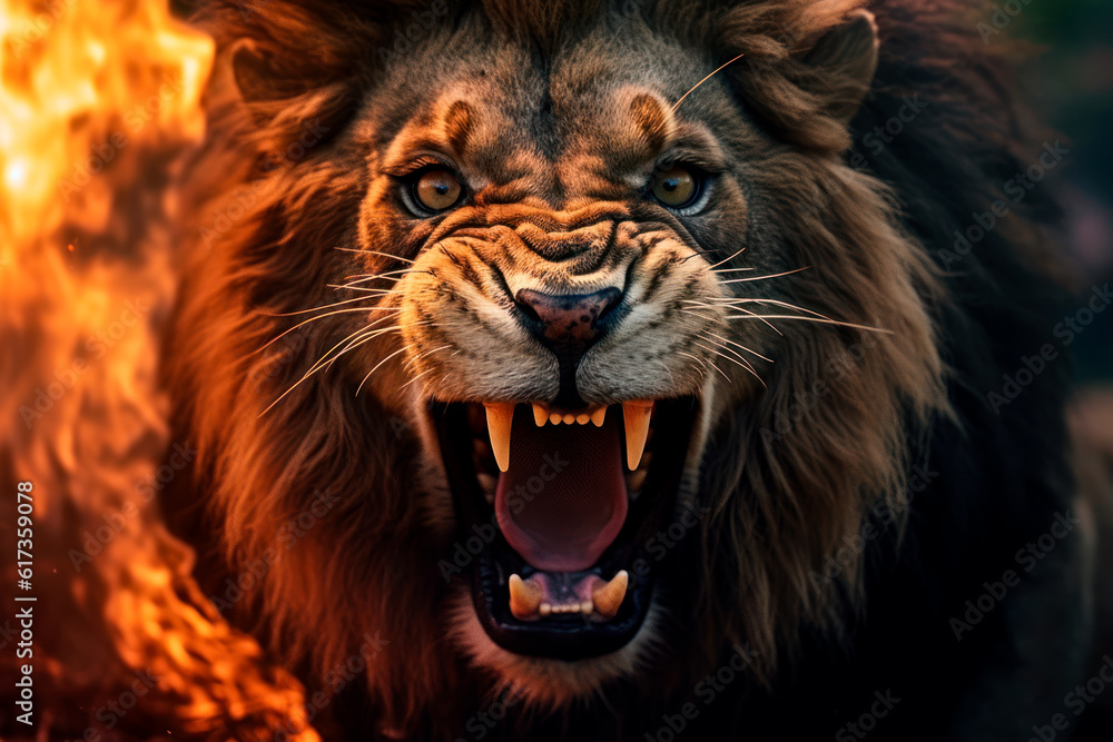 Close-up shot of roaring lion, flames on background. Generative AI