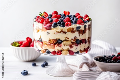 Patriotic festive trifle in big bowl with American flag for Independence Day. Summer layered dessert for 4 of July. Close up. Generative AI. photo