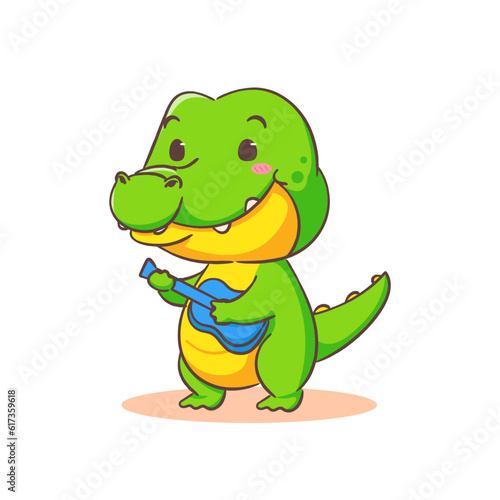 Cute crocodile playing guitar cartoon character on white background vector illustration. Funny Alligator Predator Green Adorable animal concept design.