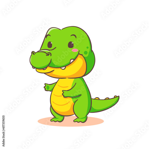 Cute happy crocodile standing cartoon character on white background vector illustration. Funny Alligator Predator Green Adorable animal concept design.