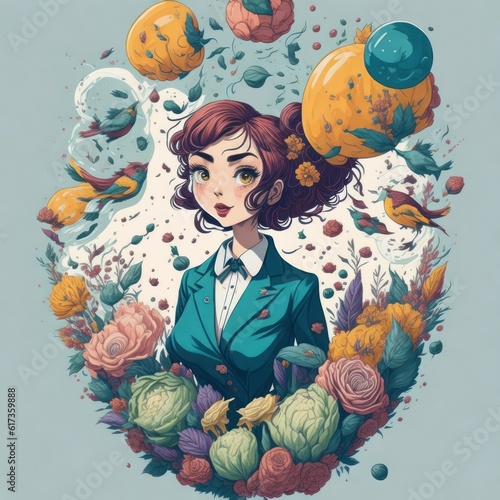 A fantasy watercolor painting of business women with flower bubble spinning background.Generative AI