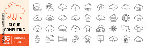 Cloud Computing editable stroke outline icons set. Cloud, computing, server, database, technology, networking, data and internet. Vector illustration.