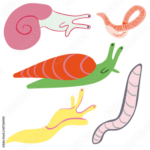 set of flat cartoon snail and worms in vector.maluska and for prints and design.characters for kids in flat style.minimal icons for web site stickers application.Animal world series.