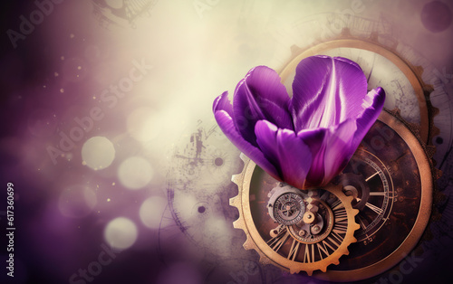 floral, vintage background, flover, products, enginer, generative, ai, steampunk, background, clockwork, brooch, toulip, violet photo