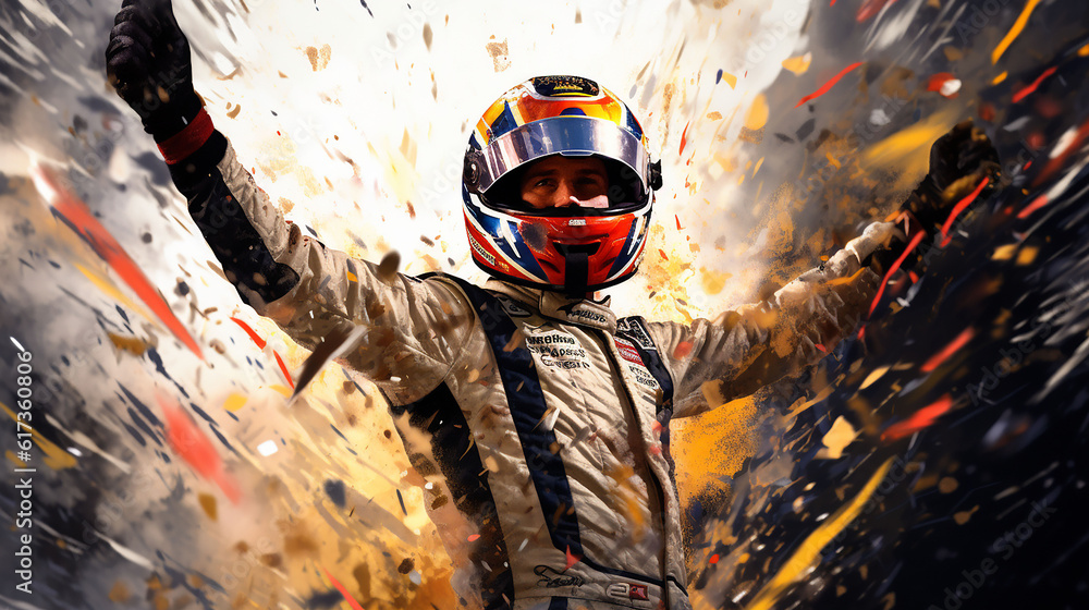 Race car driver celebrating the win, racing driver celebrating with