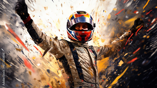 Race car driver celebrating the win, racing driver celebrating with champagne spray, gran prix. digital ai art, Generative Ai