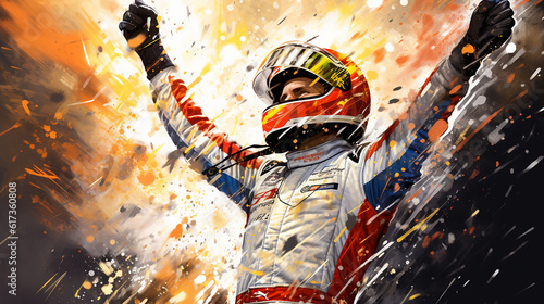 Race car driver celebrating the win, racing driver celebrating with champagne spray, gran prix. digital ai art, Generative Ai