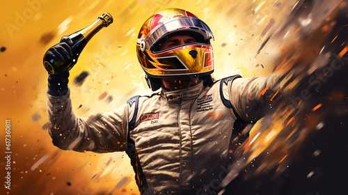 Race car driver celebrating the win, racing driver celebrating with champagne spray, gran prix. digital ai art, Generative Ai