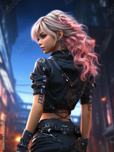 Cosplay girl in leather pants and jacket game character