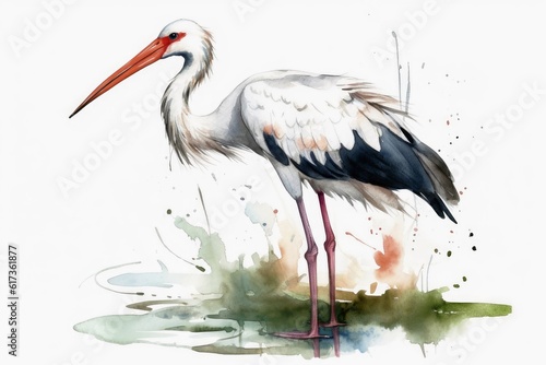 Watercolor painted white stork on a white background.