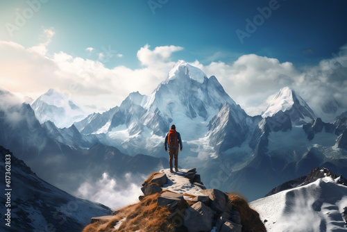 An awe-inspiring photograph of a hiker standing atop a majestic mountain peak, surrounded by breathtaking panoramic views of sprawling valleys and snow-capped peaks.