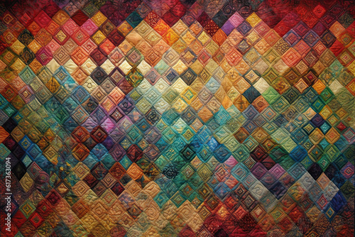 Texture of colorful patchwork or tapestry , handmade. Generative AI.