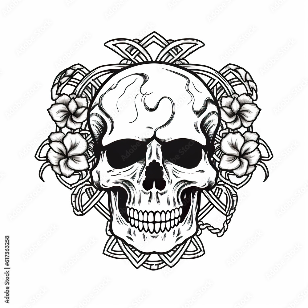 A black and white drawing of a skull with flowers. Generative AI. A black and white drawing of a skull with flowers. Generative AI.