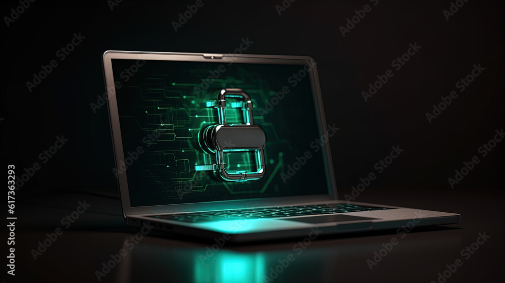 Safety or Security System Screen Lock of Laptop or Notebook Computer with Luminous Padlock. Digital Futuristic Technology illustration.