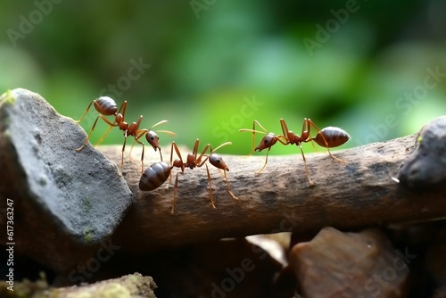 Collaborative Ant Engineers Building a Bridge with Teamwork. AI © rzrstudio