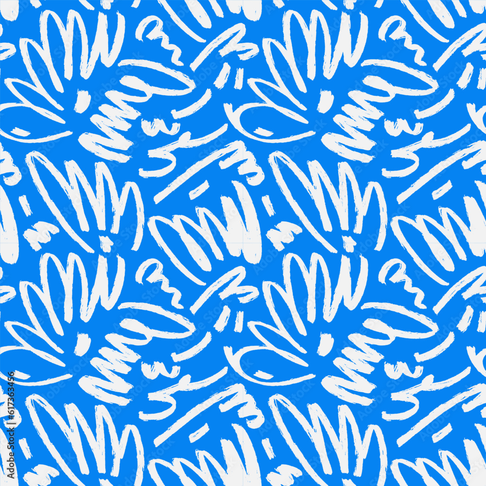 Marker drawn scribble vector seamless pattern. Childish drawing. Hand draws calligraphy swirls for background. Curly brush white strokes on bright blue background as graphic design wallpaper.