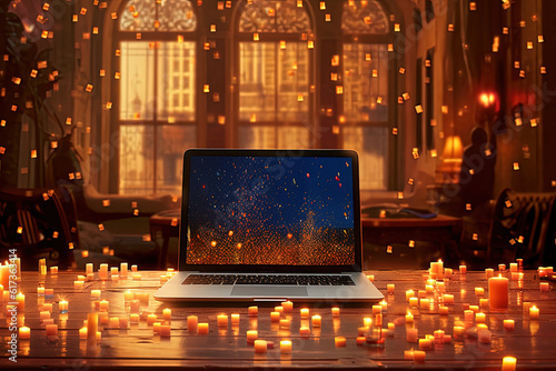 Stunning Image of Notebook Computer or Laptop on Table Full of Illuminated Candles in Defocused Room. Generative AI Technology.