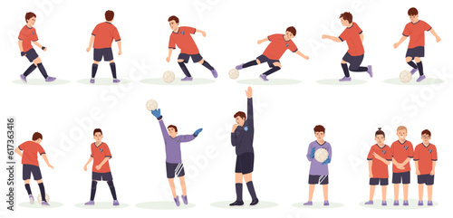 Soccer team kids set Boys from soccer team wear uniform playing game, teenage athletes kick the ball. Cartoon vector children illustration isolated on white background.