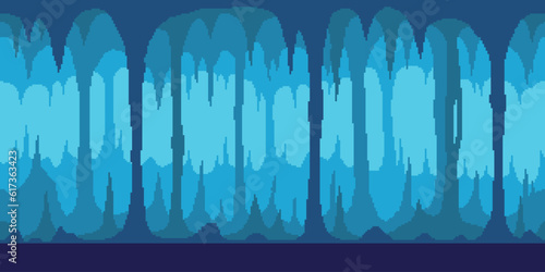 Colorful simple vector pixel art horizontal illustration of blue cave of stalagmites and stalactites in the style of retro platformer video game level