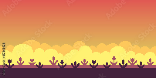 Colorful simple vector pixel art horizontal illustration of red field of tulips flowers silhouette in retro platformer style