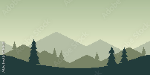 Colorful simple vector pixel art horizontal illustration of green morning mountain landscape with fir trees in retro platformer style