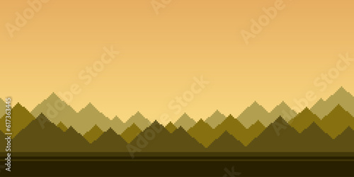 Colorful simple vector pixel art seamless endless horizontal illustration of silhouettes of sharp mountains under the morning sky in retro platformer style. Arcade screen for game design