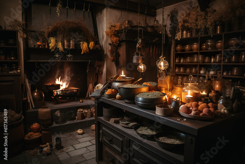A kitchen with a fire place in the middle of it. AI generative.