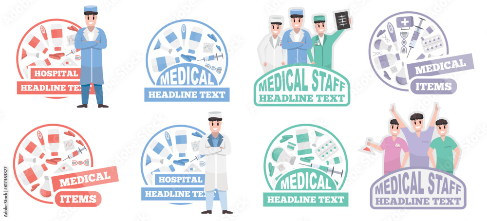 medecine, pharmacy, medical staff badges, emblems on the topic of medecine. logo design badges with space for text. vector badges templates.