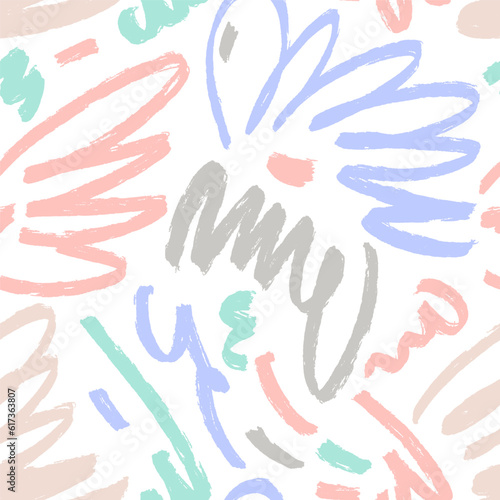 Pastel subtle color hand drawn scribble abstract seamless pattern. Vector childish drawing. Curly strokes, muted colors marker scrawls as graphic design wallpaper.