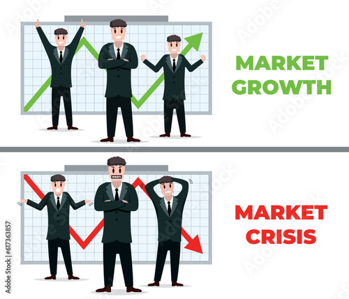 financial crisis, stock market crash, disappointed businessmen. market growth, happy investor standing near green growth trading arrow. crisis and marlet growth banners.