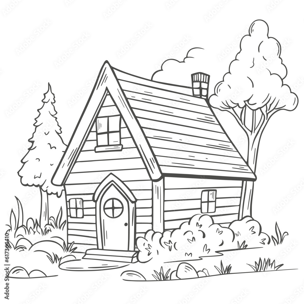 Hand drawn wooden village house. Sketch house with trees, bushes and herbs. Rustic cottage, cartoon, vector illustration