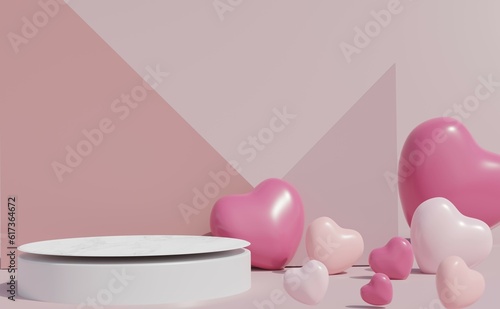 Simple display stand pink heart background, 3d rendering © Ngoa13