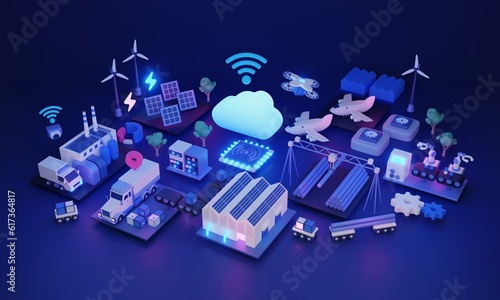 Industrial IoT or internet of things for effective production 3D illustration. Smart and modern factory with sustainable energy, robot technology usage and productive automation. Modern AI systems. © VectorMine
