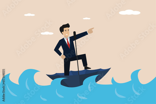 A businessman rides an overturned umbrella boat to success. Illustration of a businessman riding a boat in the shape of an umbrella.