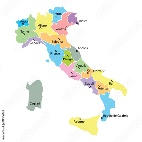 Italy map background with regions and region names in color. Italy map isolated on white background. Vector illustration