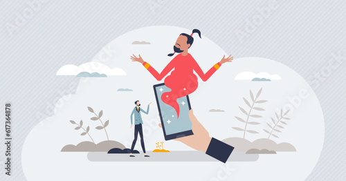 AI in everyday life as artificial intelligence daily support tiny person concept. Future technology advantages with assistance and IoT integration in friendly smartphone software vector illustration.