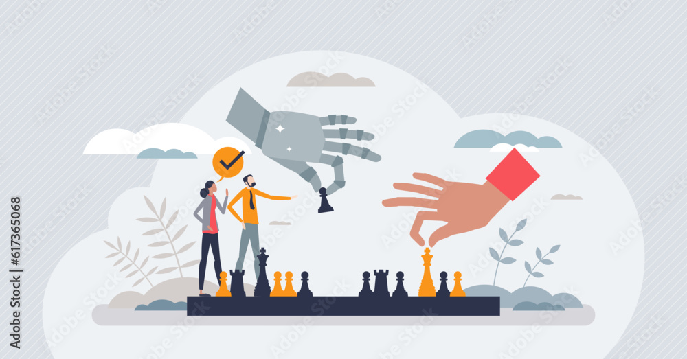 Artificial intelligence or AI usage for intellect games tiny person concept. Play chess with human vs robot teams vector illustration. Futuristic machine interaction with advanced smart systems.