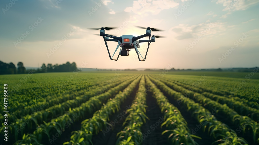 Agricultural drone in action, flying above a field. Precision farming by monitoring crop health, improving water efficiency and reducing chemical usage. Sustainable agriculture. Generative AI Agricultural drone in action, flying above a field. Precision farming by monitoring crop health, improving water efficiency and reducing chemical usage. Sustainable agriculture. Generative AI