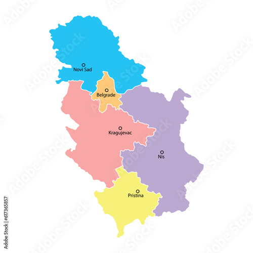 Serbia map background with regions, region names and cities in color. Serbia map isolated on white background. Vector illustration