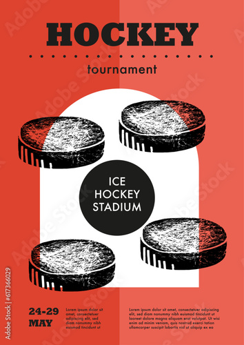 Template Sport Layout Design, ice hockey. Hockey league tournament poster vector illustration.  Hand drawn engraving illustration skates hockey pitch background.