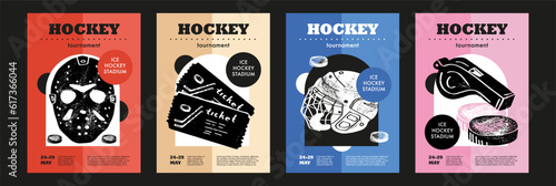Template Sport Layout Design, ice hockey. Hockey league tournament poster vector illustration.  Hand drawn engraving illustration mask, tickets, helmet, whistle, puck hockey pitch background.