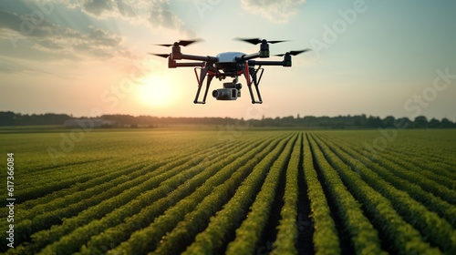 Agricultural drone in action, flying above a field. Precision farming by monitoring crop health, improving water efficiency and reducing chemical usage. Sustainable agriculture. Generative AI © TensorSpark