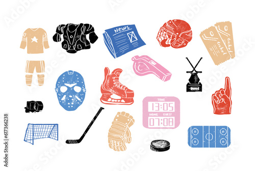 Hockey illustrations set, engraving style. Hockey attributes isolated symbols collection. Vector textured illustration
