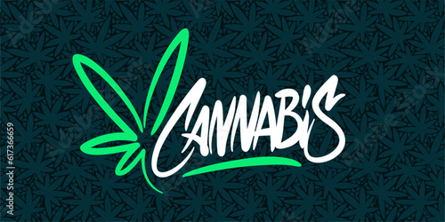 Abstract Hand Written Word Cannabis With Cannabis Leaf Vector Illustration Art