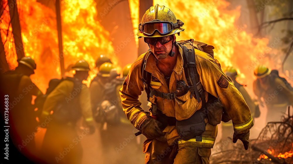 Firefighters are fighting a wild fire in the forest, a natural disaster, made with Generative AI Firefighters are fighting a wild fire in the forest, a natural disaster, made with Generative AI
