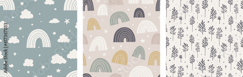 Gender-Neutral Nursery Cute Patterns Rainbow Stars Botanical Nature Boho Warm Earthy Colors Vector Illustration Set of 3
