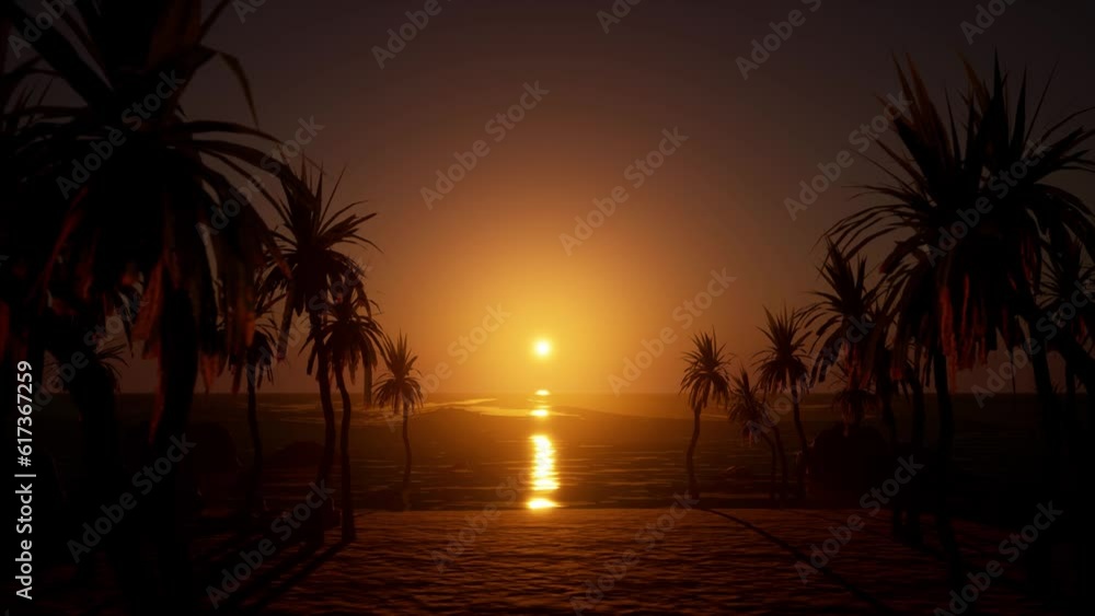 animation of sunrise or sunshine by ocean coast beach with palms. Silhouette trees on sand with waves in sea background animation of sunrise or sunshine by ocean coast beach with palms. Silhouette trees on sand with waves in sea background