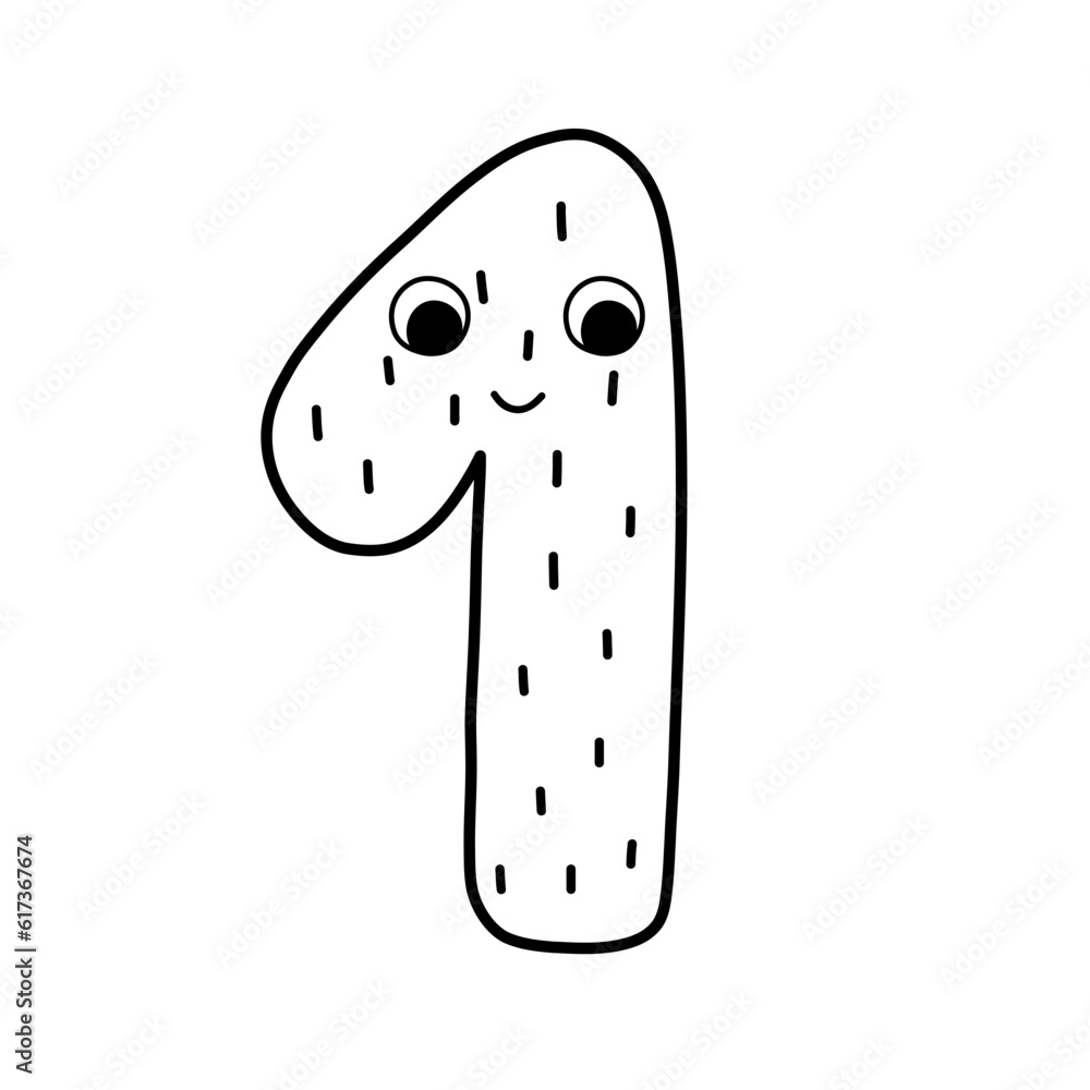 Cute number one black and white character for kids. Leaning numbers for preschool. Happy number 1 coloring page in cartoon style. Vector illustration Cute number one black and white character for kids. Leaning numbers for preschool. Happy number 1 coloring page in cartoon style. Vector illustration