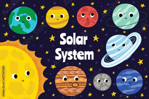Solar system cute planets set. Space educational poster with Mercury, Venus, Earth, Mars, Sun, etc. Funny planet characters in cartoon style. Vector illustration